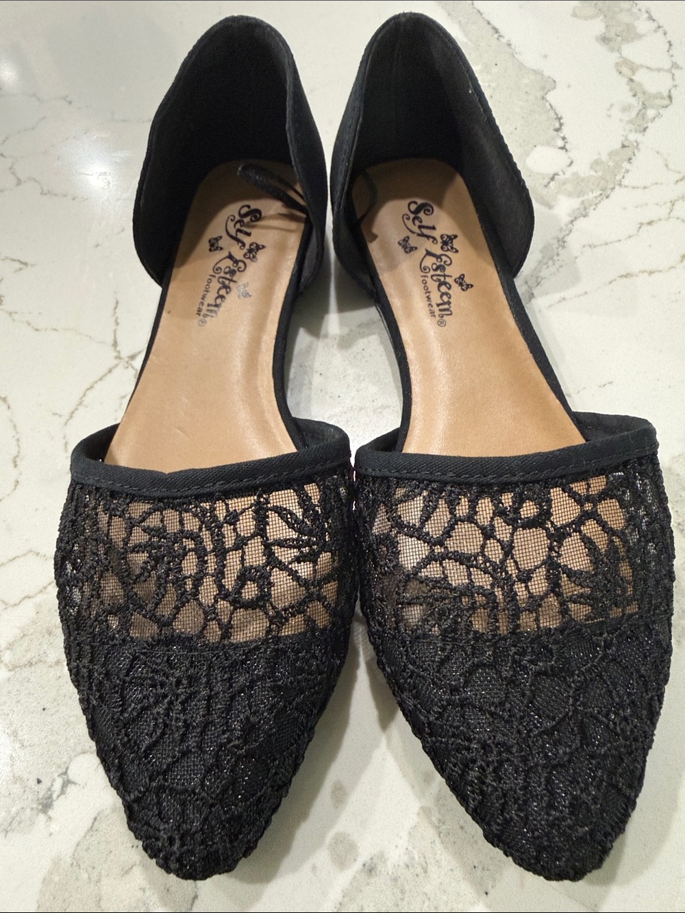 Self Esteem Black Lace Pointed D'Orsay Flats - Feminine Crochet Detail